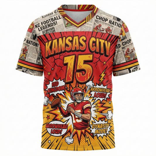 Vintage Kansas City Football Comic Style Jersey | Red & Gold Kingdom Bootleg Shirt | Retro Gridiron Hype Apparel
