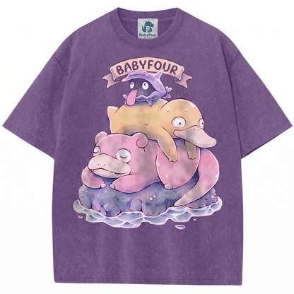 Vintage Acid Wash Cartoon Water Monster Stack Retro Graphic Heavyweight Unisex T-Shirt
