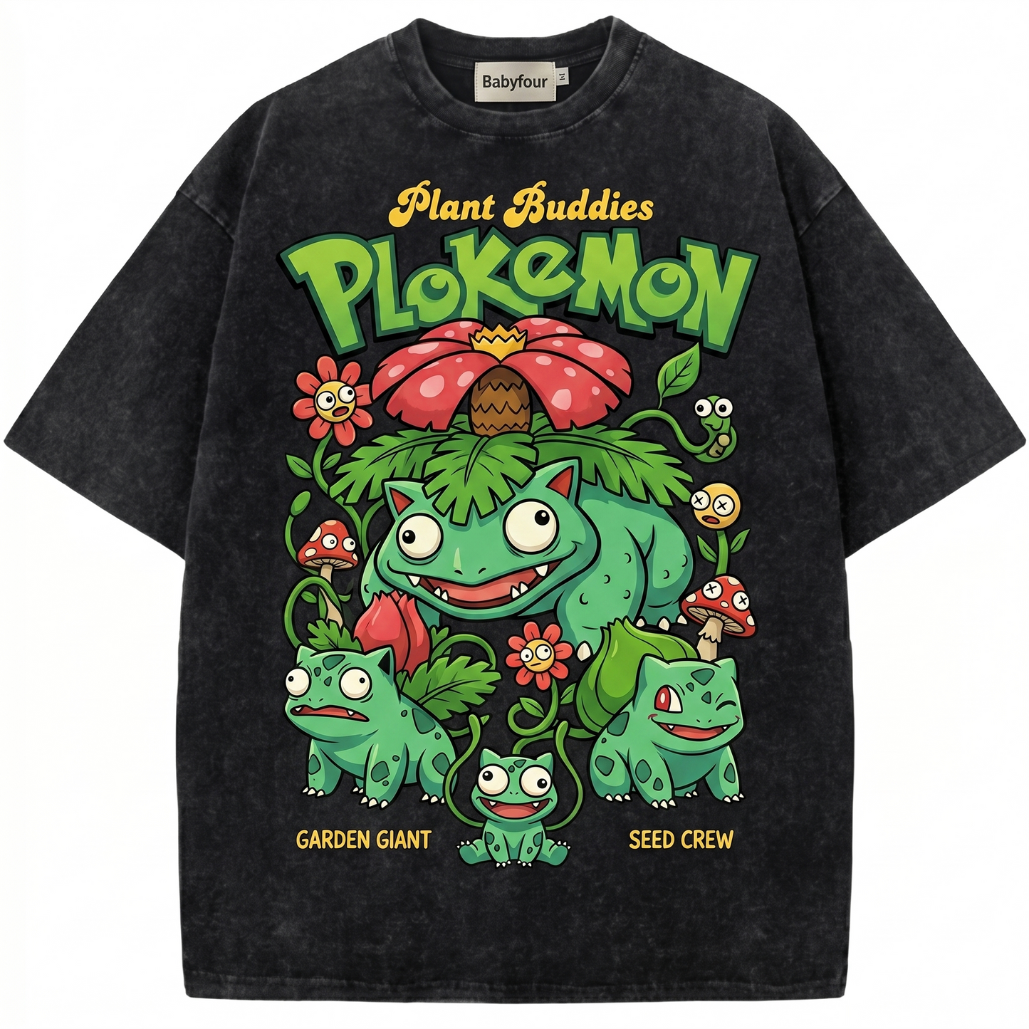 90s Bootleg Style Cute Green Monster Garden Giant Print - Funny Anime Inspired Monster Evolution Wash Graphic Unisex Tshirt