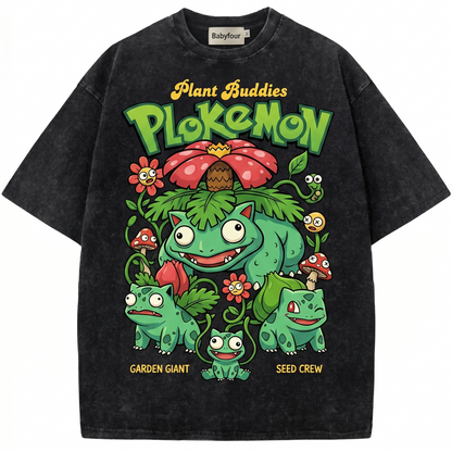 90s Bootleg Style Cute Green Monster Garden Giant Print - Funny Anime Inspired Monster Evolution Wash Graphic Unisex Tshirt