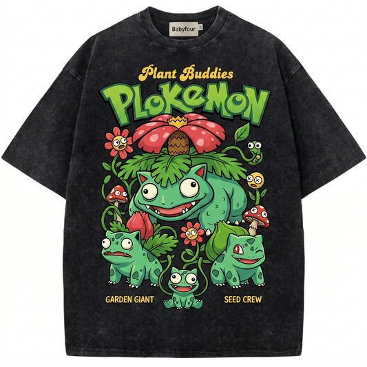 90s Bootleg Style Cute Green Monster Garden Giant Print - Funny Anime Inspired Monster Evolution Wash Graphic Unisex Tshirt