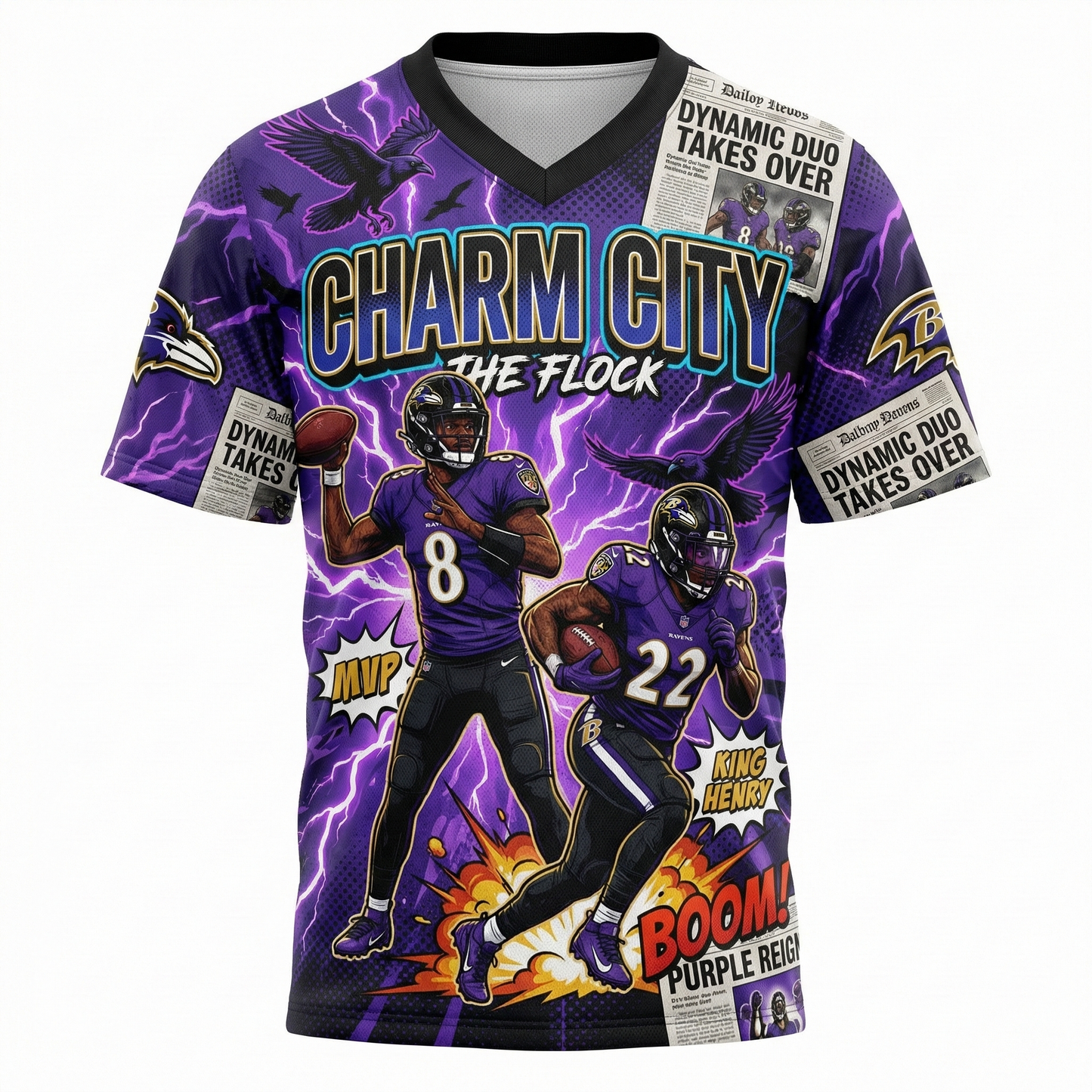 Vintage Charm City Football Comic Art Men's All-Over Print Jersey | Purple and Black Flock Hypebeast Streetwear | Dynamic MVP Graphic Shirt