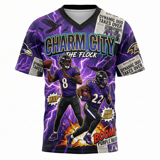 Vintage Charm City Football Comic Art Men's All-Over Print Jersey | Purple and Black Flock Hypebeast Streetwear | Dynamic MVP Graphic Shirt