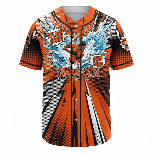 Charm City Baseball Comic Art Button-Up Jersey - Retro Orange & Black Satirical Fan Apparel