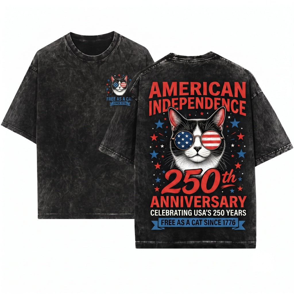 250th Anniversary America USA Flag Sunglasses Cat Patriotic July 4th Gift Unisex Wash T-Shirt
