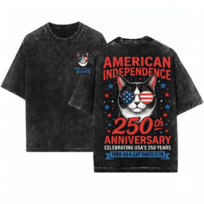 250th Anniversary America USA Flag Sunglasses Cat Patriotic July 4th Gift Unisex Wash T-Shirt