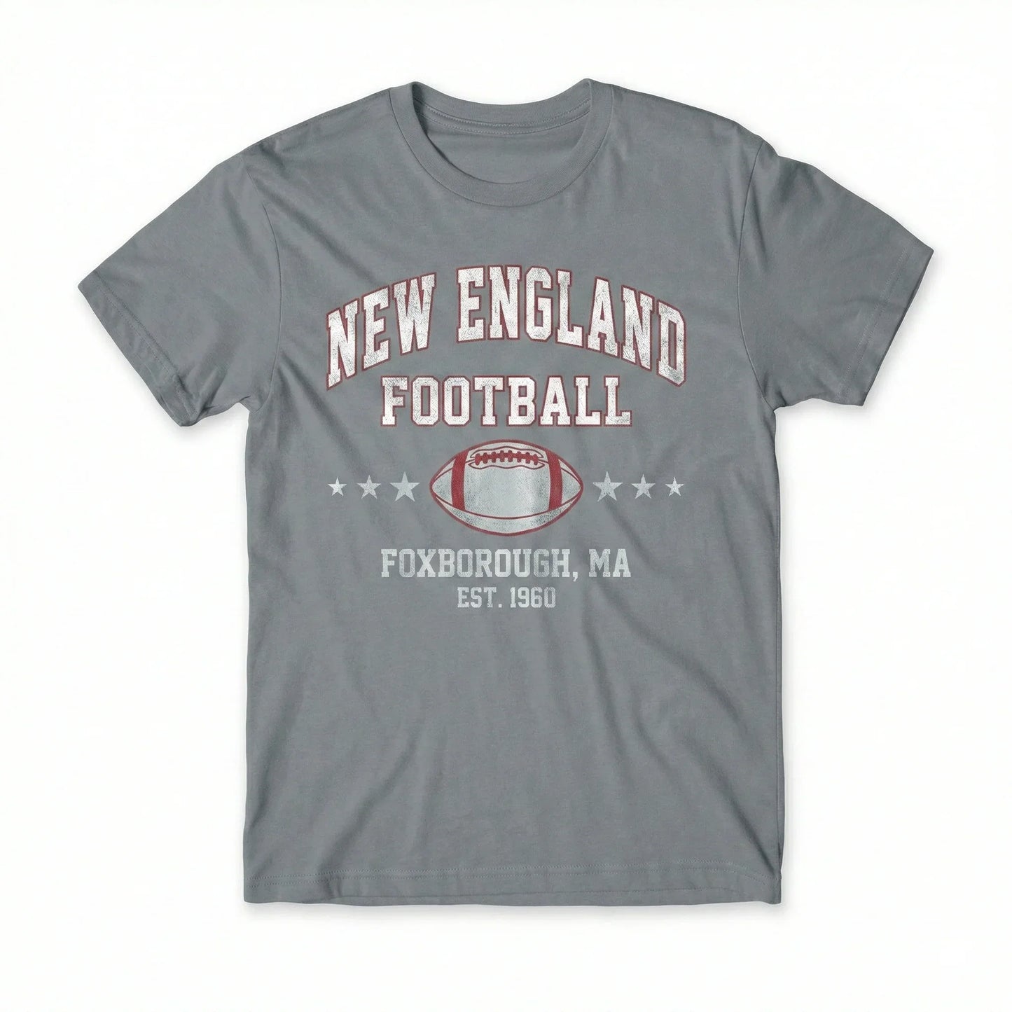 Gray T-shirt featuring New England Football Foxborough MA design with football graphic