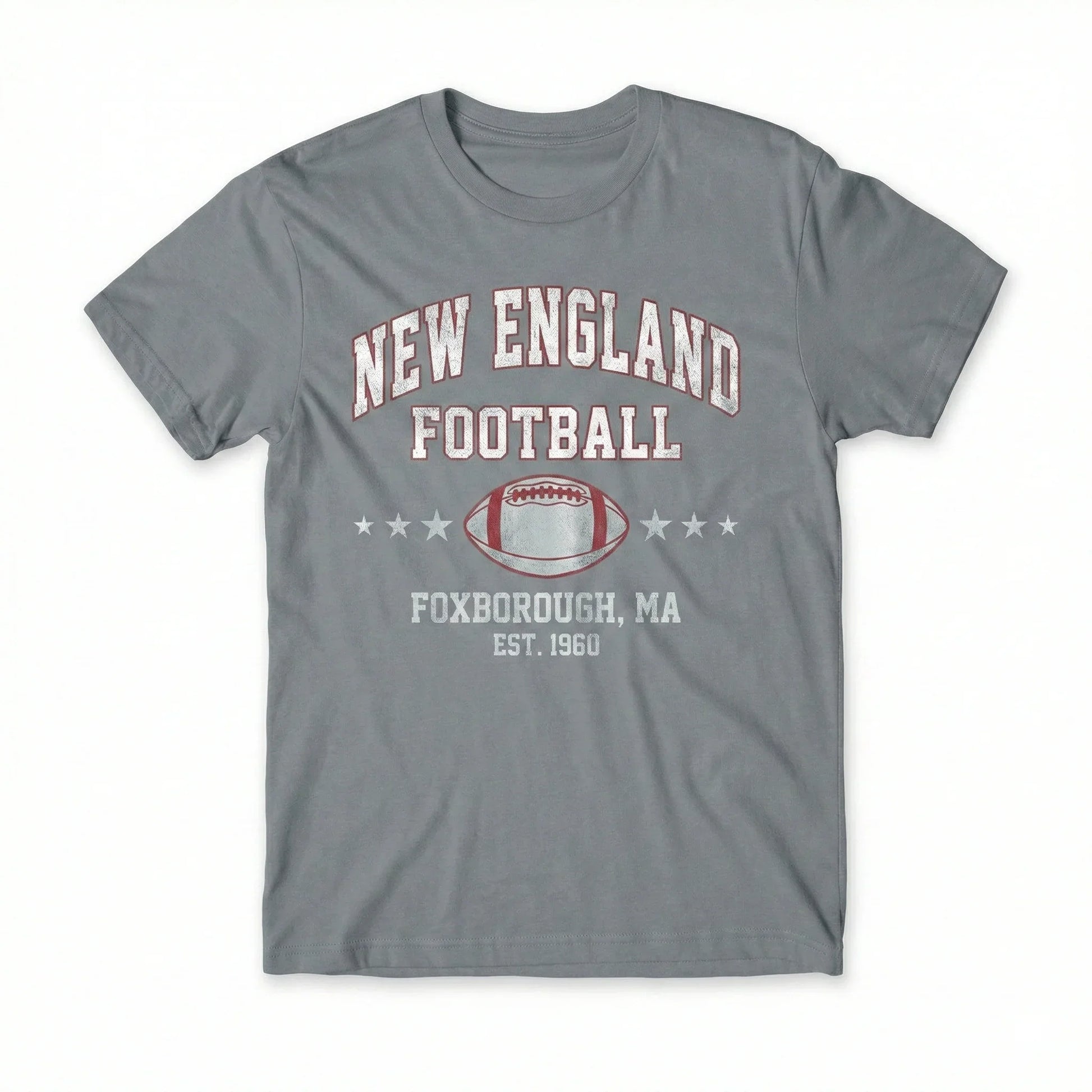 Gray T-shirt featuring New England Football Foxborough MA design with football graphic