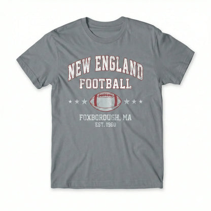 Gray T-shirt featuring New England Football Foxborough MA design with football graphic