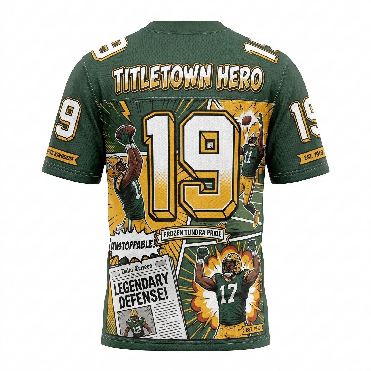 Vintage Titletown Gridiron Hero Comic Style Football Jersey - Green & Gold AOP
