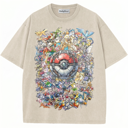 Retro Anime Creatures Pocket Monsters Graphic Top - Vintage Distressed Style Apricot Unisex T-Shirt