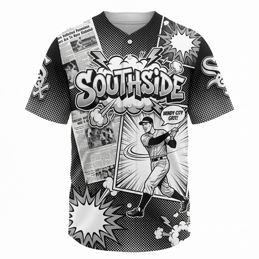 Southside Chicago Baseball Heritage Comic Style AOP Button-Up Jersey - Windy City Unisex Sports Shirt