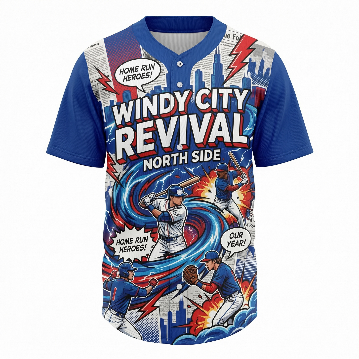 Chicago North Side Baseball Jersey - "Windy City Revival" Comic Style Button-Up Shirt - Blue & Red Fan Gear