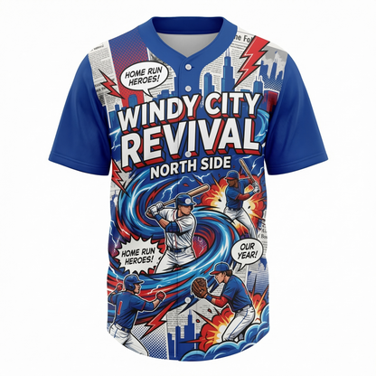 Chicago North Side Baseball Jersey - "Windy City Revival" Comic Style Button-Up Shirt - Blue & Red Fan Gear