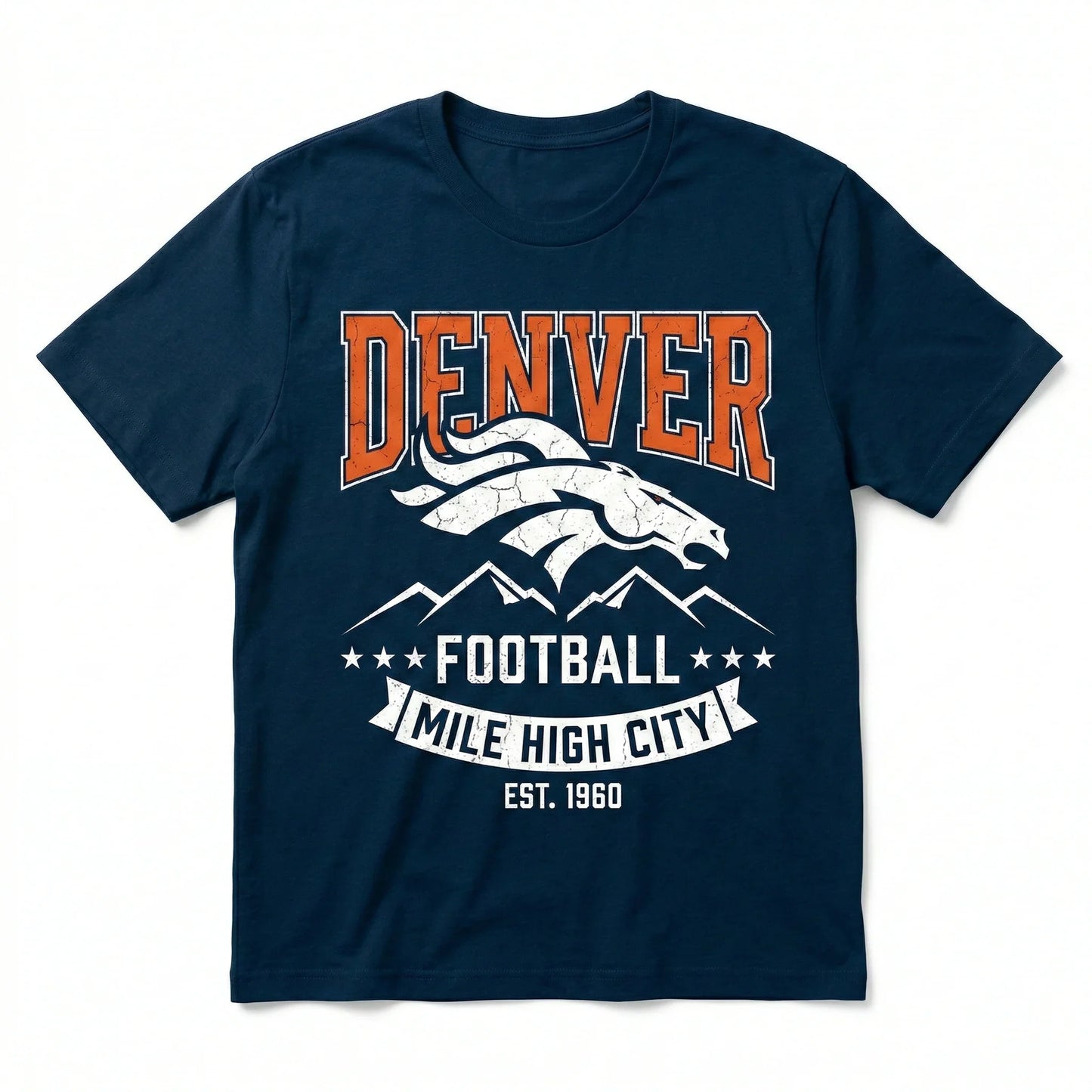 Navy blue Denver football t-shirt with bronco logo, mountain graphic, and sports text.