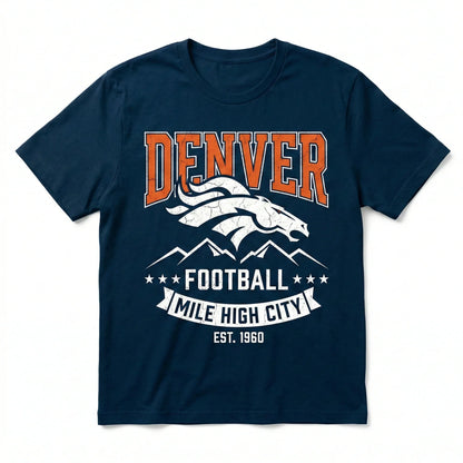Navy blue Denver football t-shirt with bronco logo, mountain graphic, and sports text.