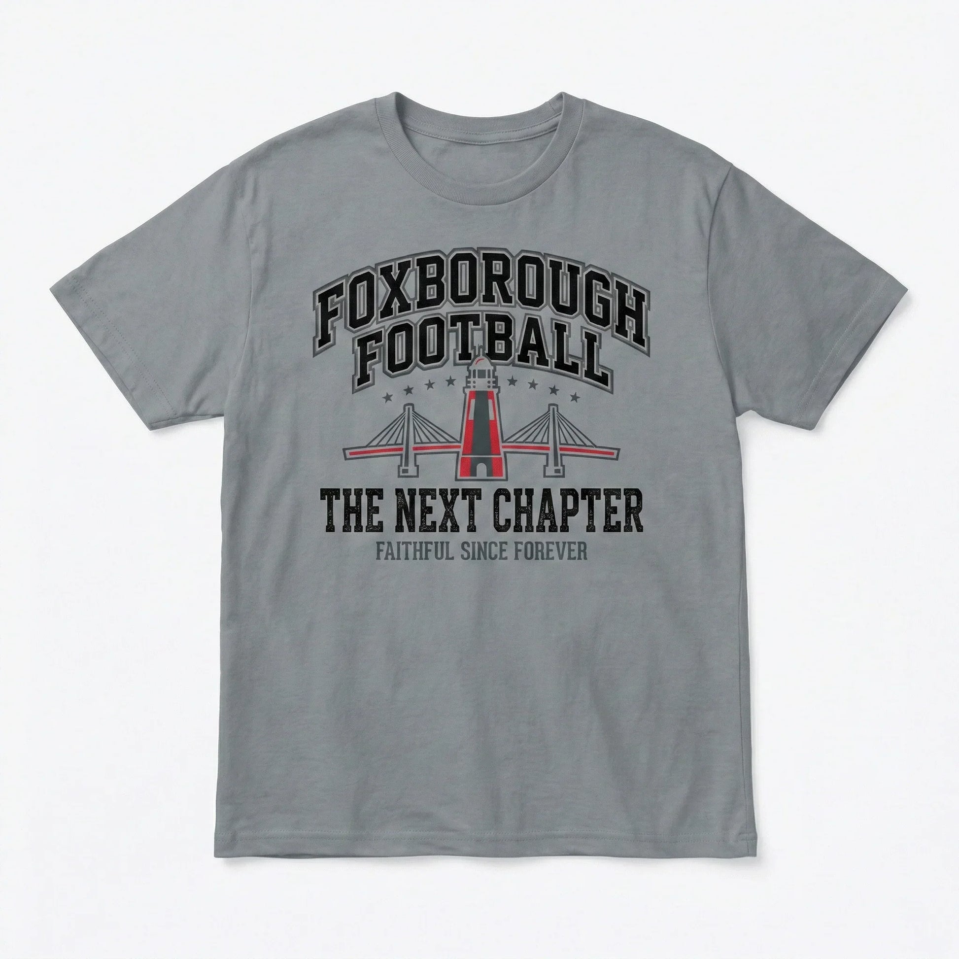 Gray Foxborough Football T-shirt with bridge and text graphic, casual outdoor apparel