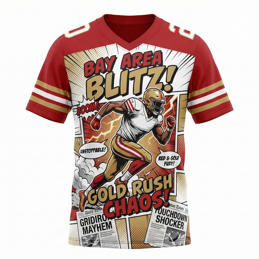 Bay Area Gold Rush Vintage Comic Bootleg Football Jersey - Satirical Red & Gold Gridiron AOP Shirt