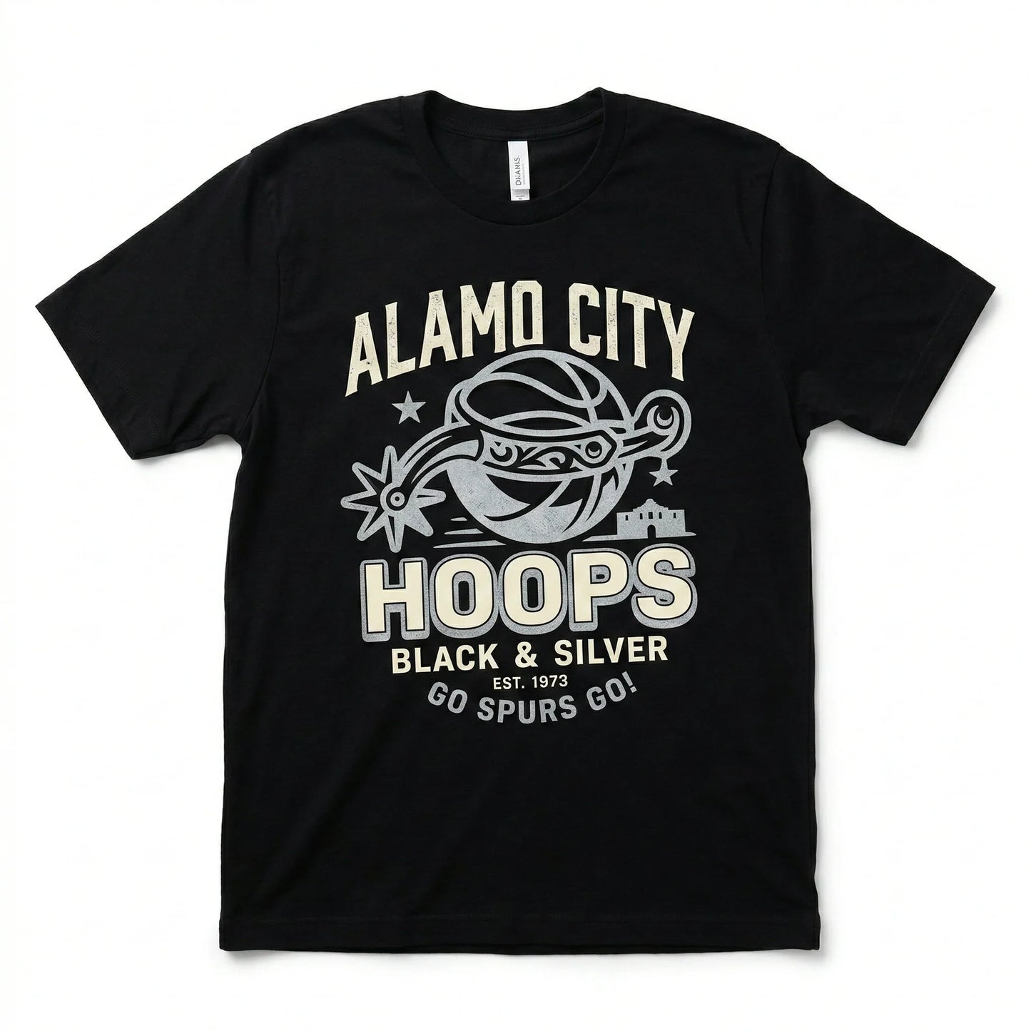 Black graphic t-shirt with Alamo City Hoops basketball design and Go Spurs Go slogan