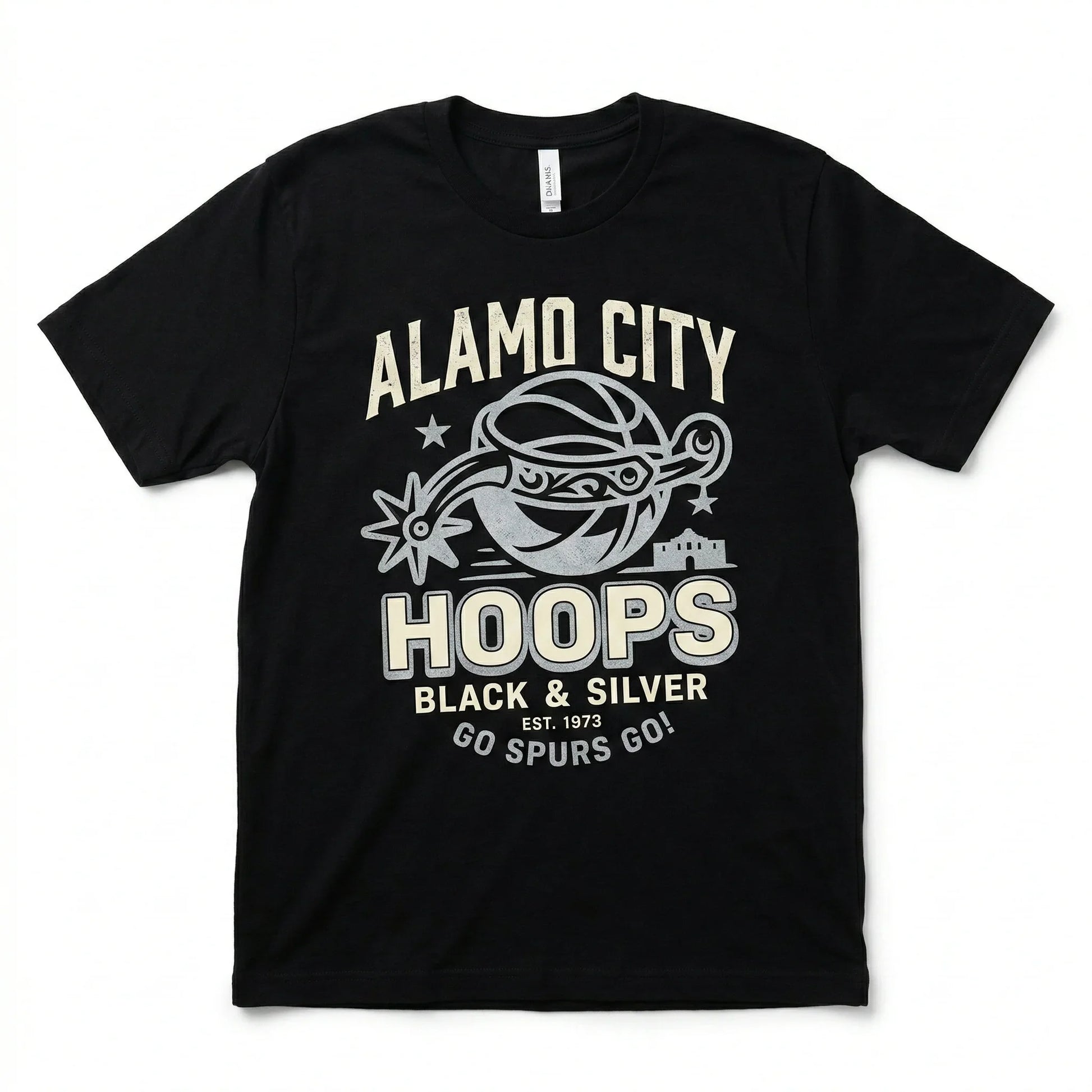 Black graphic t-shirt with Alamo City Hoops basketball design and Go Spurs Go slogan