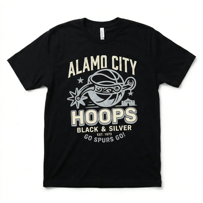Black graphic t-shirt with Alamo City Hoops basketball design and Go Spurs Go slogan