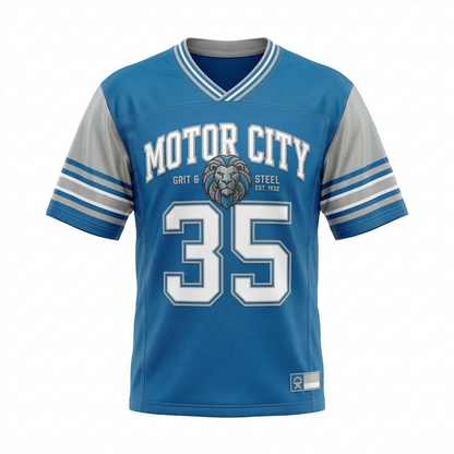 Detroit Lions-inspired "Motor City" Football Jersey - Blue and Silver Vintage Style NFL Fan Apparel - Unisex Mesh Top for Gameday