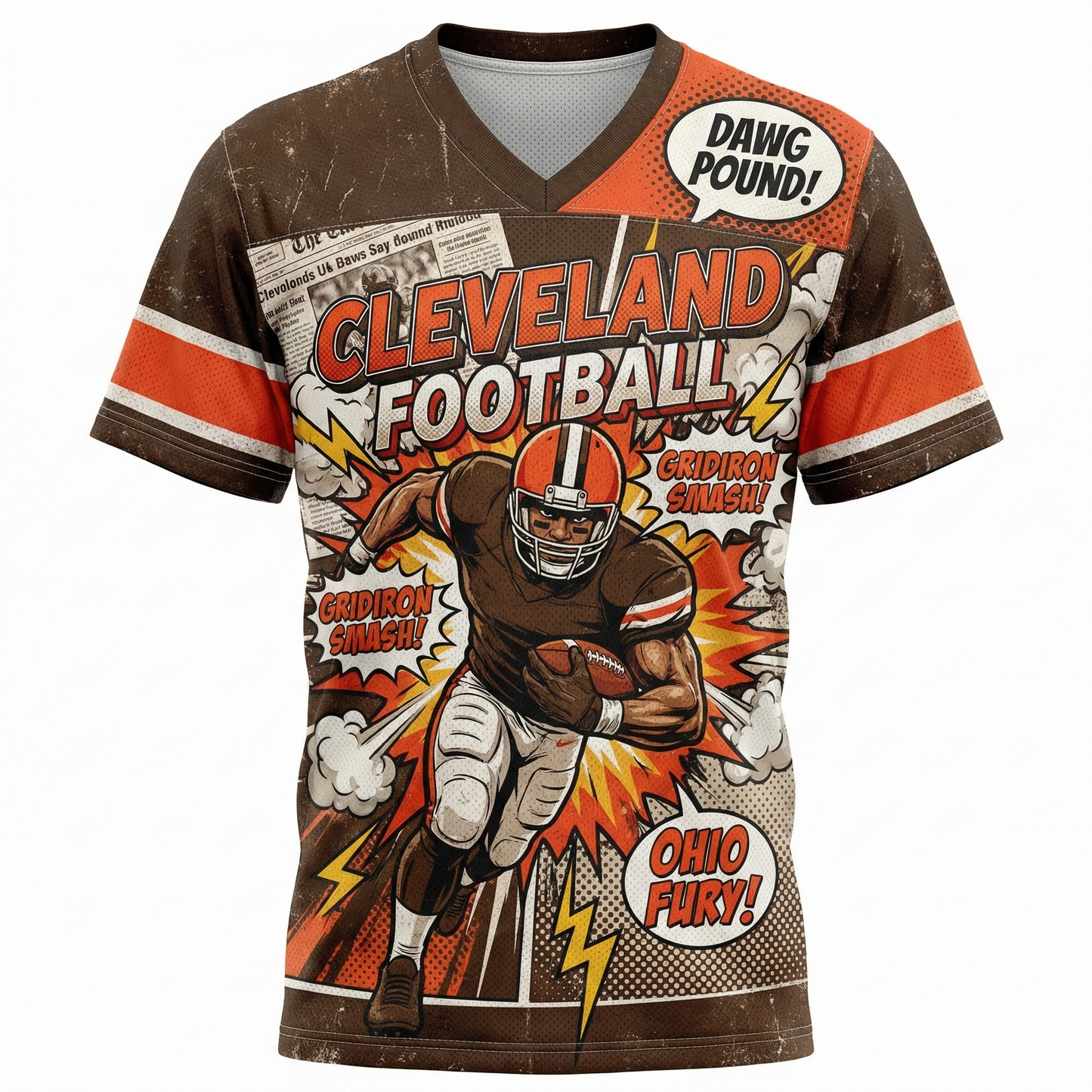 Men's Cleveland Football Comic Style AOP Jersey - Retro Dawg Pound Gridiron Graphic V-Neck Shirt