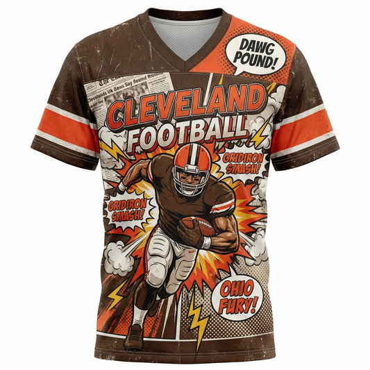 Men's Cleveland Football Comic Style AOP Jersey - Retro Dawg Pound Gridiron Graphic V-Neck Shirt