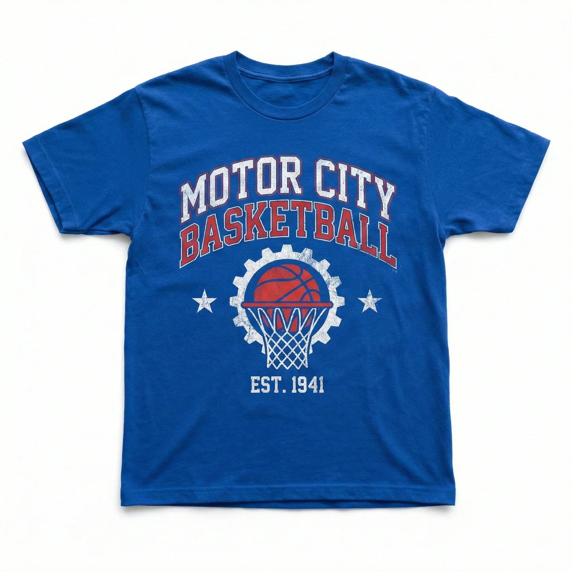 Blue Motor City Basketball t-shirt with gear, hoop, and basketball print, Est. 1941