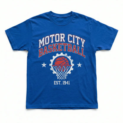 Blue Motor City Basketball t-shirt with gear, hoop, and basketball print, Est. 1941