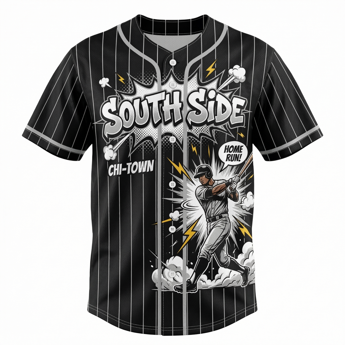 Retro South Side Baseball Jersey - Chi-Town Dynamic Comic Art Button-Down Shirt Unisex Graphic Streetwear
