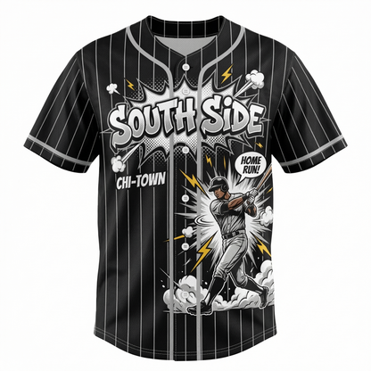 Retro South Side Baseball Jersey - Chi-Town Dynamic Comic Art Button-Down Shirt Unisex Graphic Streetwear