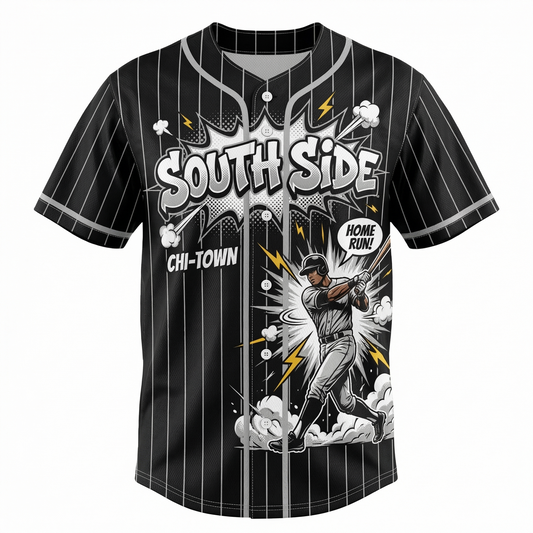 Retro South Side Baseball Jersey - Chi-Town Dynamic Comic Art Button-Down Shirt Unisex Graphic Streetwear