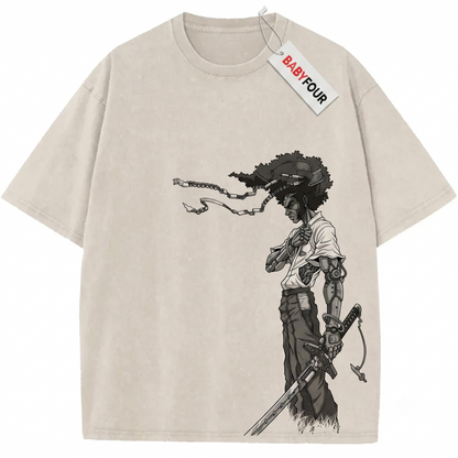 Classic Anime Sword Fighter Vintage Graphic Tee, Retro Samurai Afro Hair Apparel - Unisex T-shirt