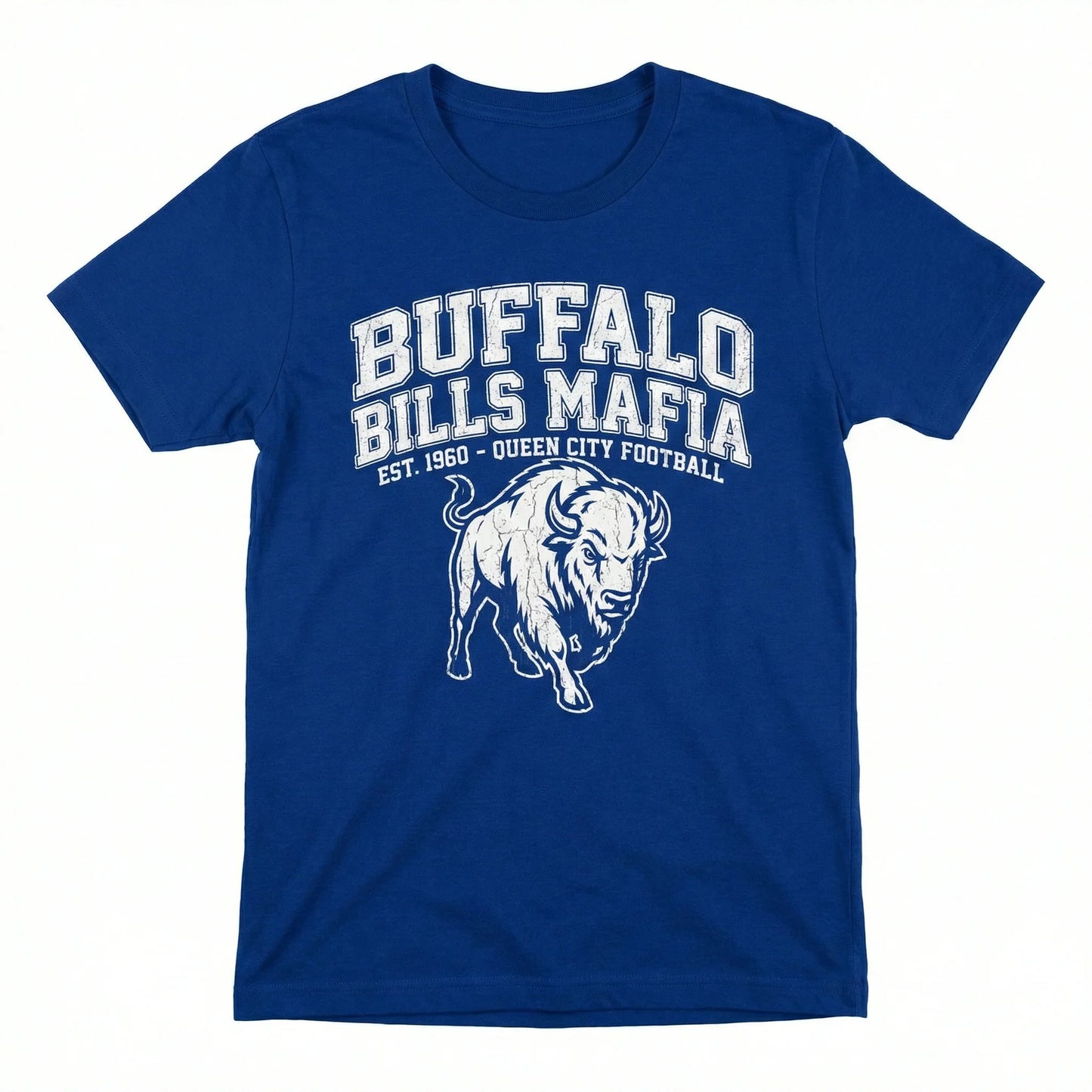 Blue t-shirt with white buffalo graphic and bold Buffalo Bills Mafia football text.