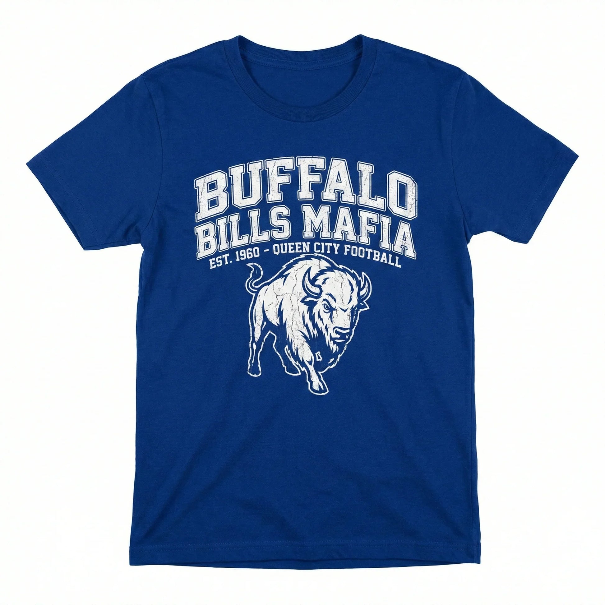 Blue t-shirt with white buffalo graphic and bold Buffalo Bills Mafia football text.