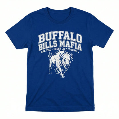 Blue t-shirt with white buffalo graphic and bold Buffalo Bills Mafia football text.