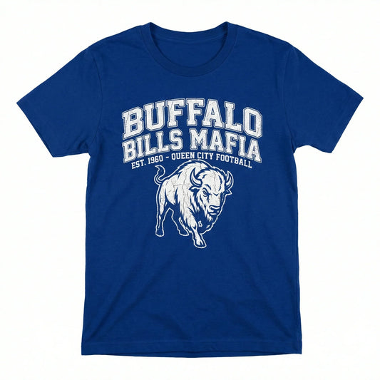 Blue t-shirt with white buffalo graphic and bold Buffalo Bills Mafia football text.