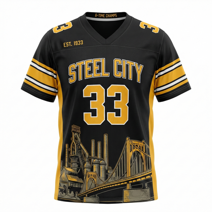 Steel City 6-Time Champions Football Jersey - Premium Black & Gold Gridiron AOP Shirt