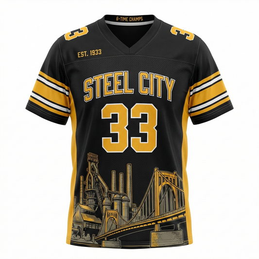 Steel City 6-Time Champions Football Jersey - Premium Black & Gold Gridiron AOP Shirt