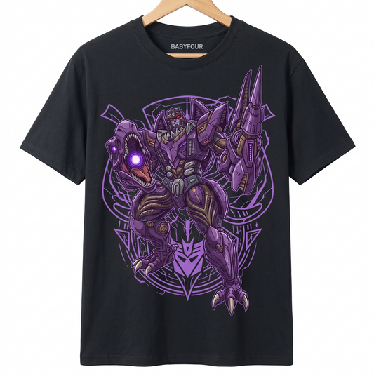 Vintage 90s Purple T-Rex Mech Graphic Tee - Retro Transforming Dinosaur Robot Unisex T-Shirt, Nostalgic Beast Mecha Alien Shirt