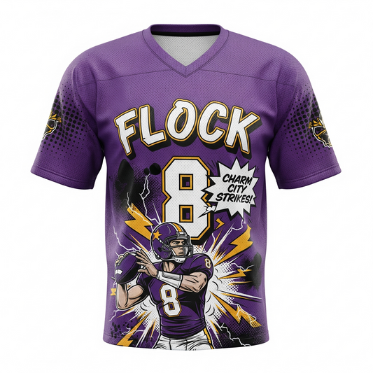 Charm City Gridiron Hero V-Neck Football Jersey | 90s Bootleg Comic Style | Purple Flock Game Day Apparel
