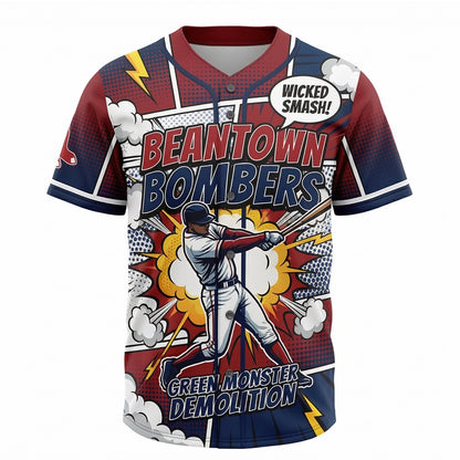 Men's Beantown Baseball Comic Book Style Button-Up Jersey - Retro 90s Bootleg Slogan AOP