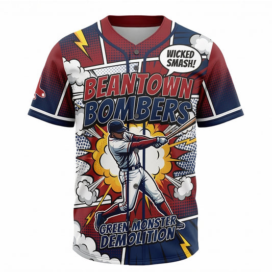 Men's Beantown Baseball Comic Book Style Button-Up Jersey - Retro 90s Bootleg Slogan AOP