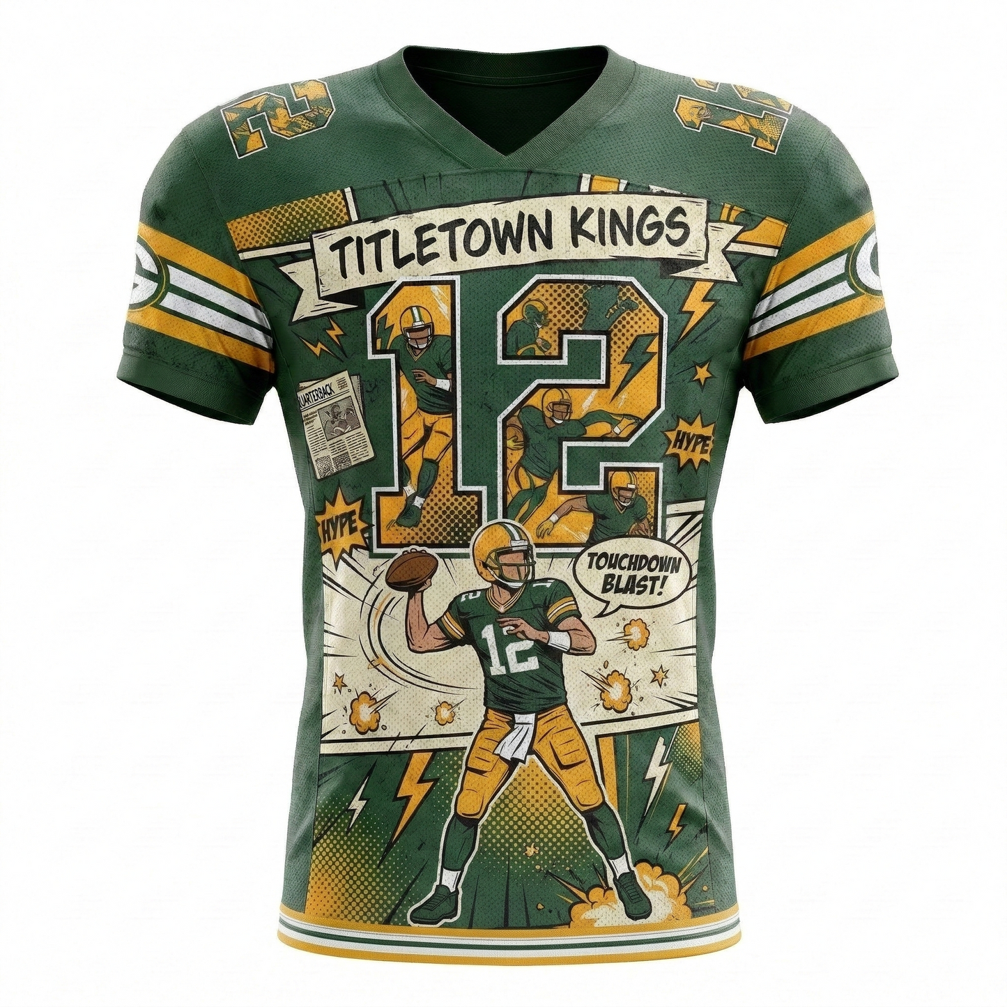 Green & Gold Titletown Comic Action AOP Football Jersey - 90s Bootleg Gridiron Streetwear