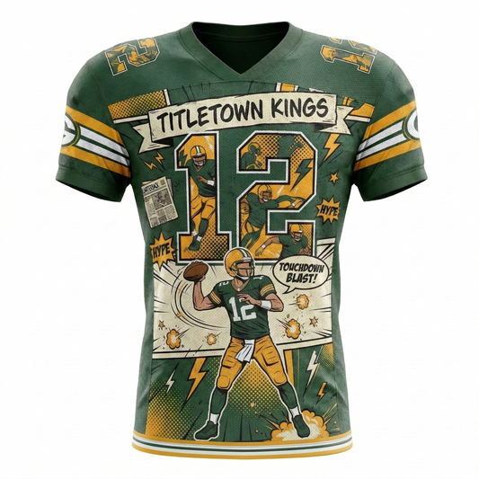 Green & Gold Titletown Comic Action AOP Football Jersey - 90s Bootleg Gridiron Streetwear
