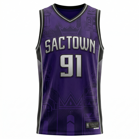 Unisex Sac Town Heritage Basketball Jersey AOP - Vintage Purple Hoops Apparel