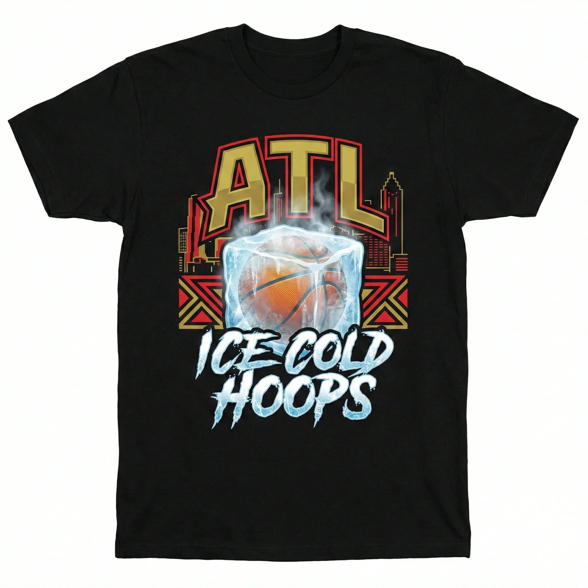 Black t-shirt with ATL skyline, basketball in ice, and 'Ice Cold Hoops' text graphic