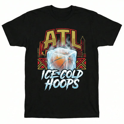 Black t-shirt with ATL skyline, basketball in ice, and 'Ice Cold Hoops' text graphic
