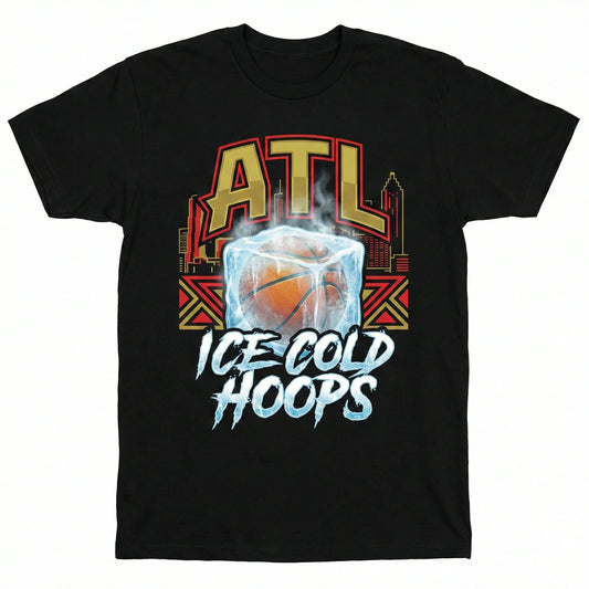 Black t-shirt with ATL skyline, basketball in ice, and 'Ice Cold Hoops' text graphic